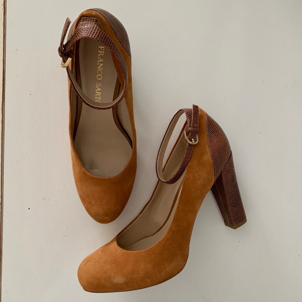 Franco Sarto Cognac Suede Denise Block Pump